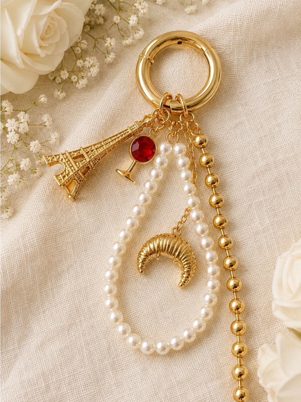✨ J.Crew Gold Paris-Themed Bag Charm | Eiffel Tower, Pearls, Wine Glass ✨